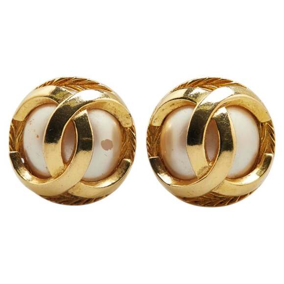 Chanel Coco Mark Earrings Gold Plated Fake Pearl Women's CHANEL